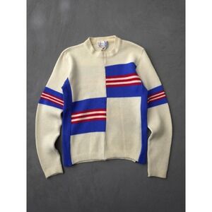 Vintage‎ 1970s Snowflakes Women's Wool Crewneck Sweater Geometric M White Blue